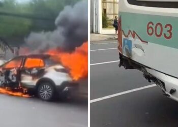 Carro pega fogo após colisão em Jaboatão dos Guararapes