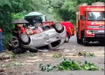 Carro bate em árvore e capota na Estrada de Aldeia