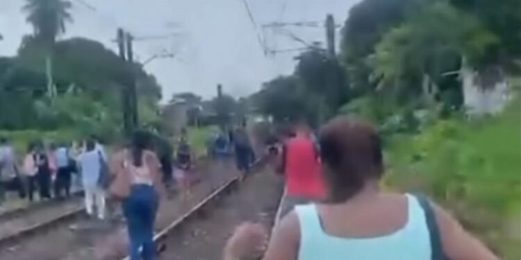 Trem da Linha Centro do Metrô do Recife apresenta problemas e passageiros seguem a pé pelos trilhos.